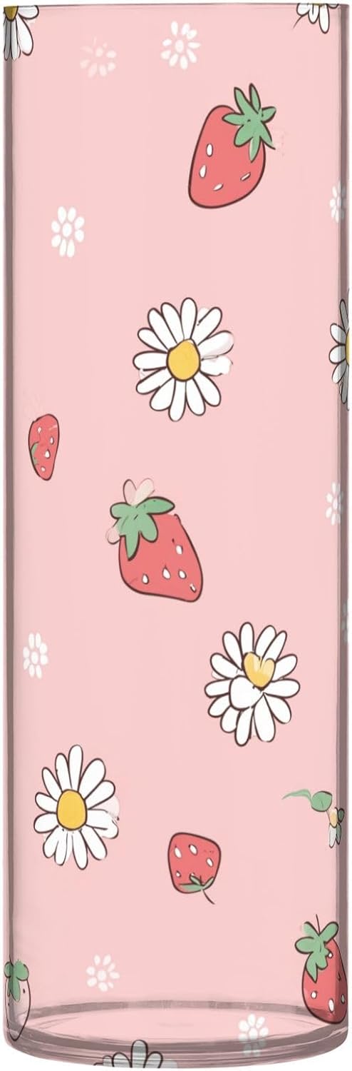 White Daisies and Strawberry Pattern Cylinder Vase 118 Inch Tall