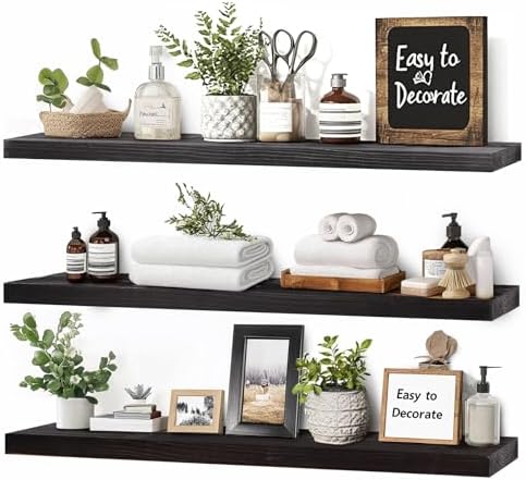 Floating Wall Shelves 3-Pack - 24 Inch Rustic Black Wooden Shelves for Space Saving Storage and Dcor