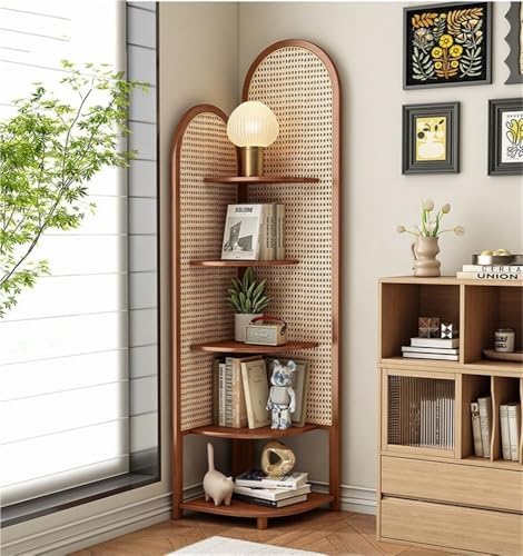 Miusocal Rattan Corner Bookshelf with 5 Tier Storage