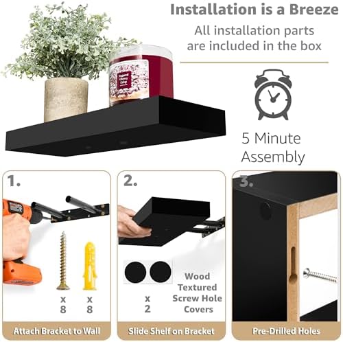 Sorbus Floating Wall Shelf Set - 2 Shelves with Invisible Brackets and 1 Rectangular Box Black