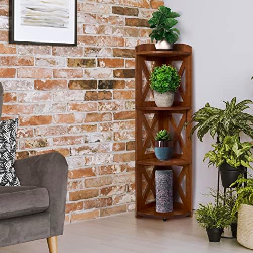NHZ Corner Shelf Stand 4 Tier Natural Wood Bookshelf and Plant Stand Brown