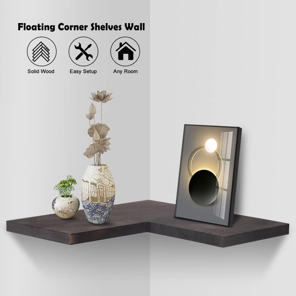 Natural Wood Set of 4 Floating Corner Shelves L-Shaped Wall Mount