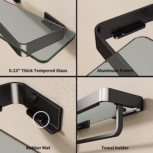 Danpoo 16 Inch Black Floating Bathroom Shelves with Towel Bar and Clear Tempered Glass 2 Pack