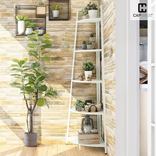CAPHAUS 6-Tier Corner Shelf Stand Tall White Bookcase with Metal Frame