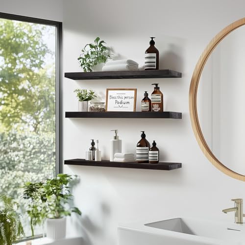 Floating Wall Shelves 3-Pack - 24 Inch Rustic Black Wooden Shelves for Space Saving Storage and Dcor