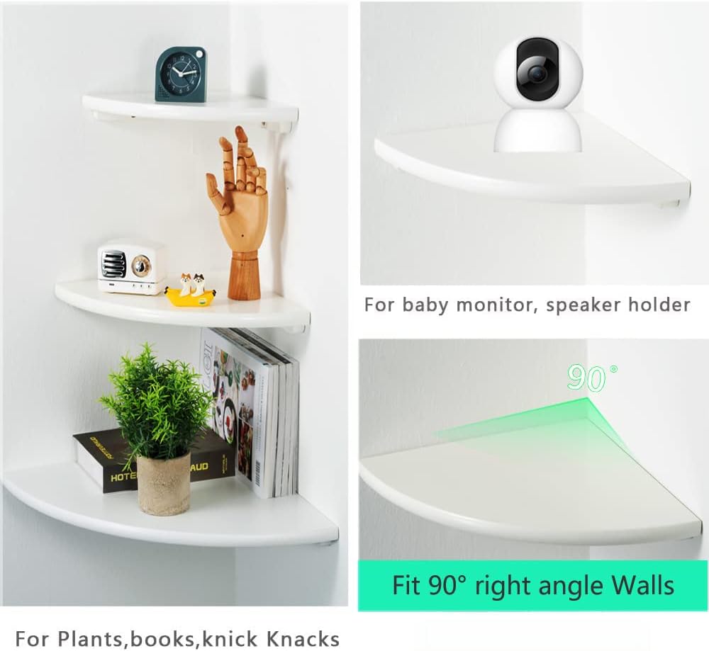 White Corner Shelf Wall Mount Set of 2 Natural Oak Wood Floating Nightstand Plant Shelf for Bedroom Kitchen Living Room