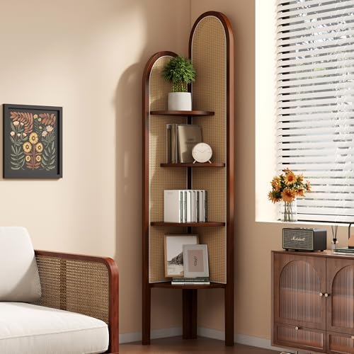 4 Tier Corner Shelf Stand Solid Wood Boho Rattan Shelves with Wicker Weave for Bedroom Living Room