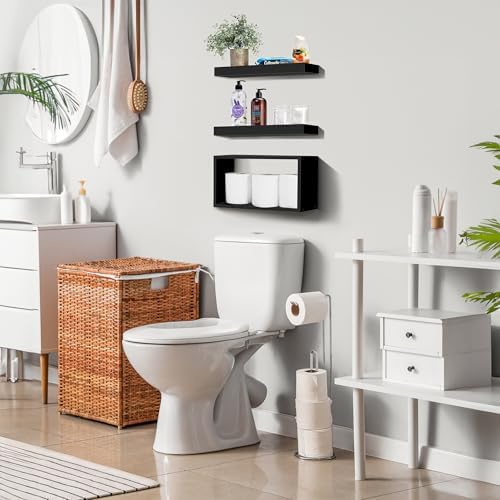 Sorbus Floating Wall Shelf Set - 2 Shelves with Invisible Brackets and 1 Rectangular Box Black