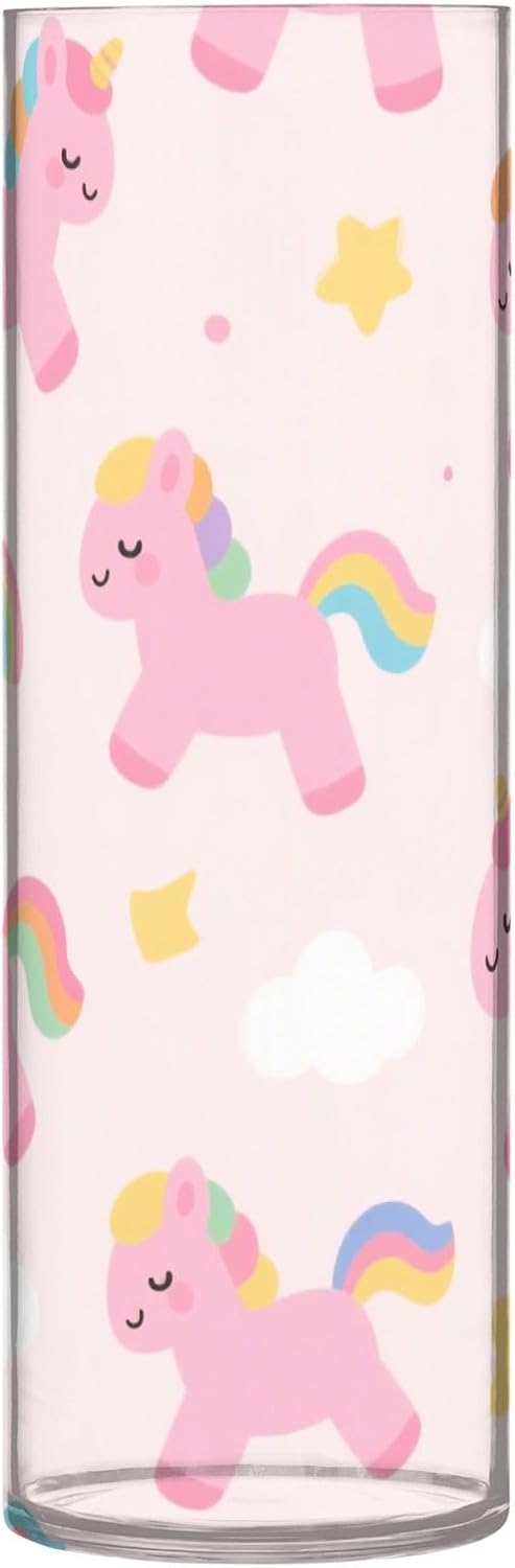 Cute Cartoon Pink Rainbow Unicorn Clear Plastic Cylinder Vase