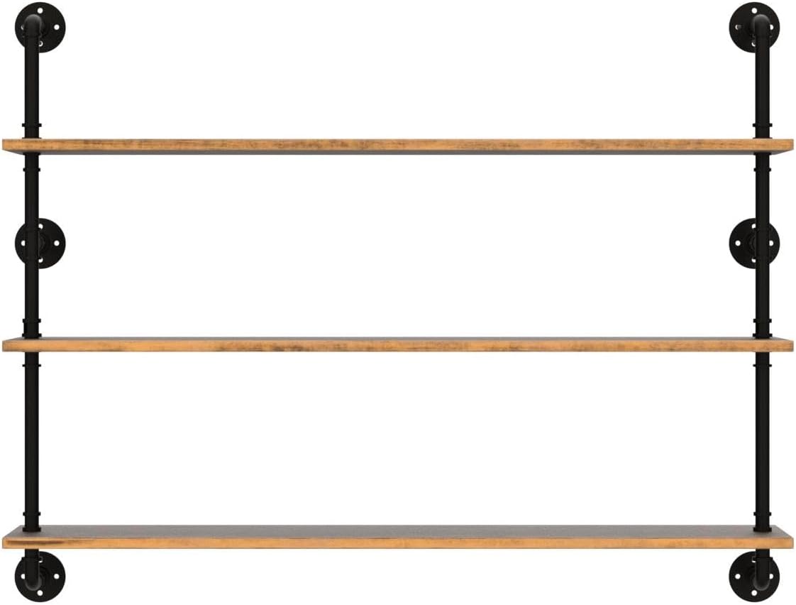 Industrial Pipe Floating Shelf with Solid Wood 48 Inch Wall Mount
