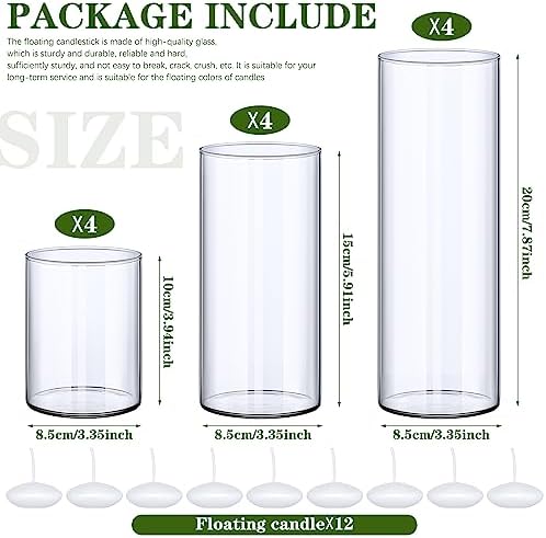 Jinei 12 Pack Glass Cylinder Vases with Floating Candles Set