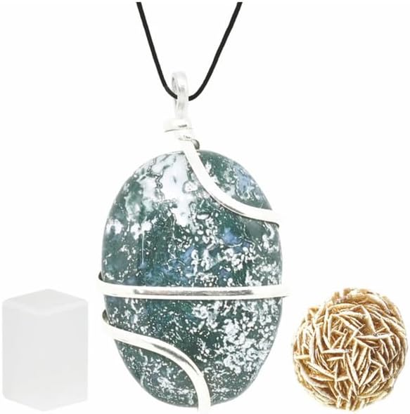 Oval Green Moss Agate Stone with Selenite Cube and Rose Desert Selenite