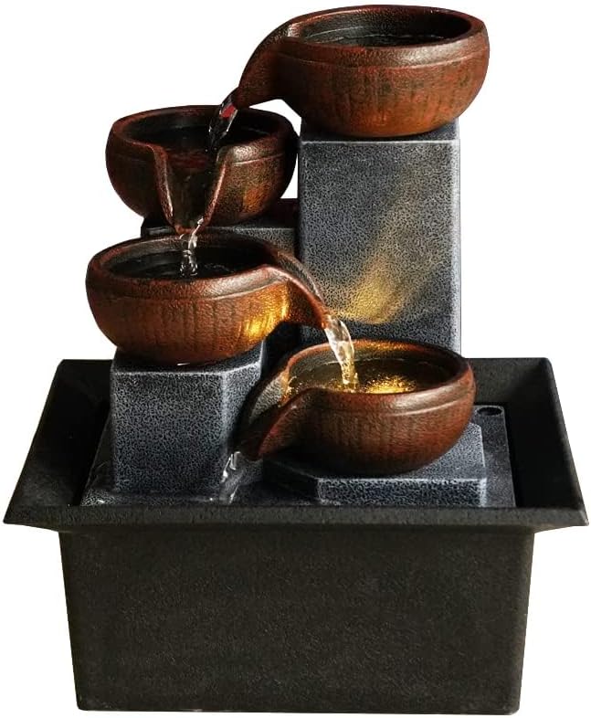 4-Tier Indoor Desktop Fountain with LED Lights and 3-Speed Pump