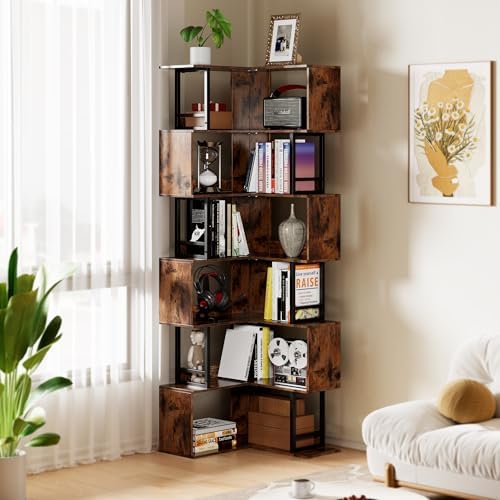 7 Tier Corner Bookshelf - Brown Tall Industrial Design