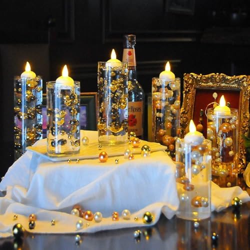 6 Set Glass Cylinder Vases with Floating Candles and Water Filler Beads
