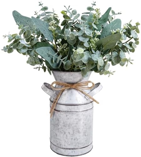Winlyn Rustic Metal Milk Can Vase with Artificial Eucalyptus Stems