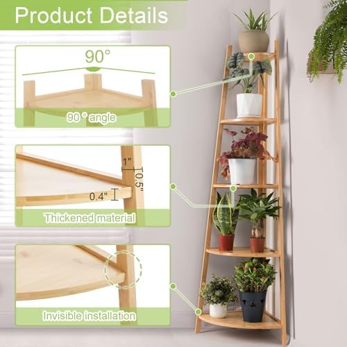 OUTREE Bamboo Corner Shelf 5 Tier Bookshelf Stand for Living Room Bedroom Office Bathroom