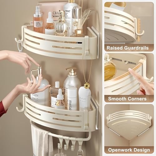 Corner Triangle Shower Shelves with Hooks Rust Resistant Storage Shelf for Bathroom and Kitchen Creamy White