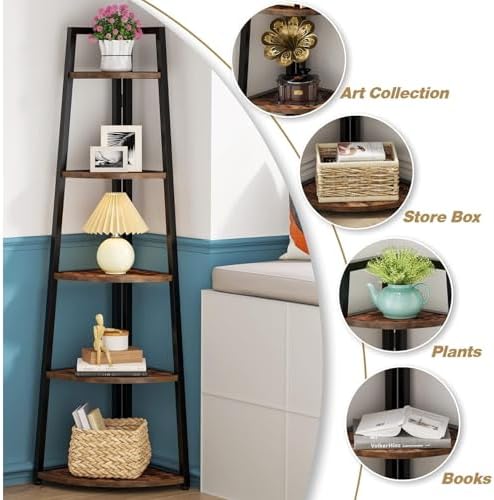 70 Inch Tall Corner Shelf with 5 Tiers Modern Rustic Bookcase for Living Room