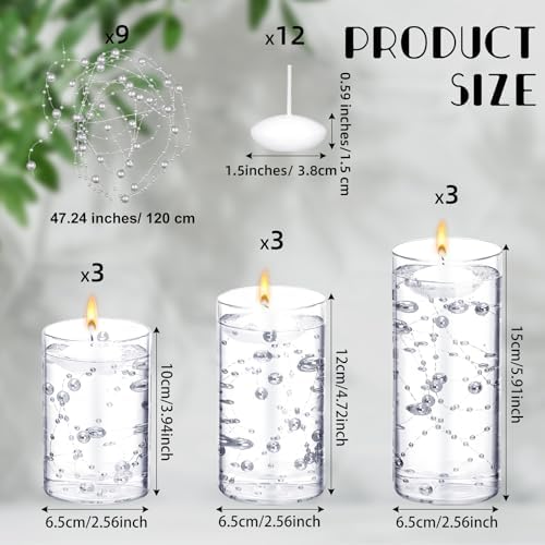 Hoolerry 9 Piece Clear Glass Cylinder Vases with Floating Candles and Pearl Strings for Wedding Table Decor