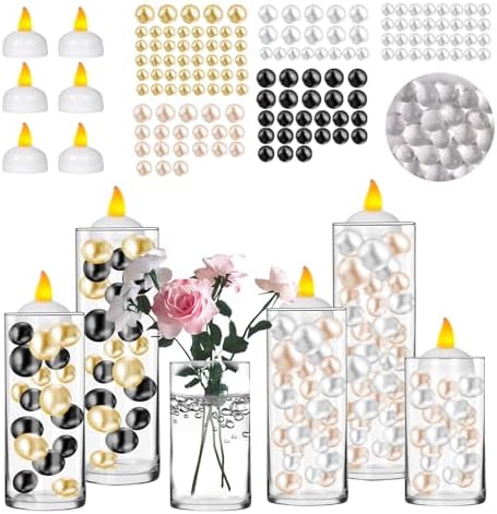 6 Set Glass Cylinder Vases with Floating Candles and Water Filler Beads