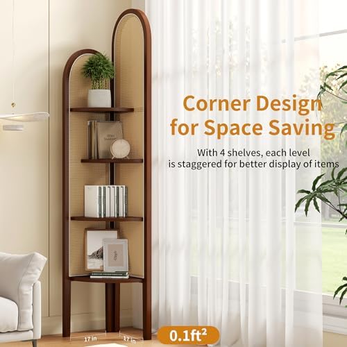 4 Tier Corner Shelf Stand Solid Wood Boho Rattan Shelves with Wicker Weave for Bedroom Living Room