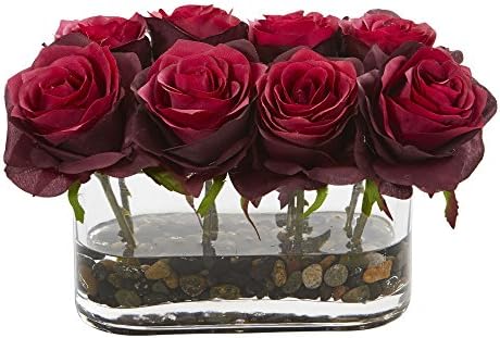 Nearly Natural 55in Blooming Roses in Glass Vase Artificial Arrangement