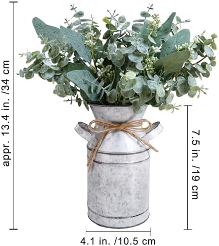 Winlyn Rustic Metal Milk Can Vase with Artificial Eucalyptus Stems