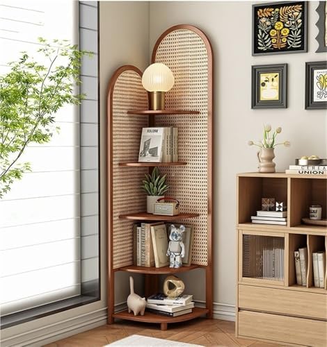 Rattan Corner Bookshelf with 5 Tiers Storage