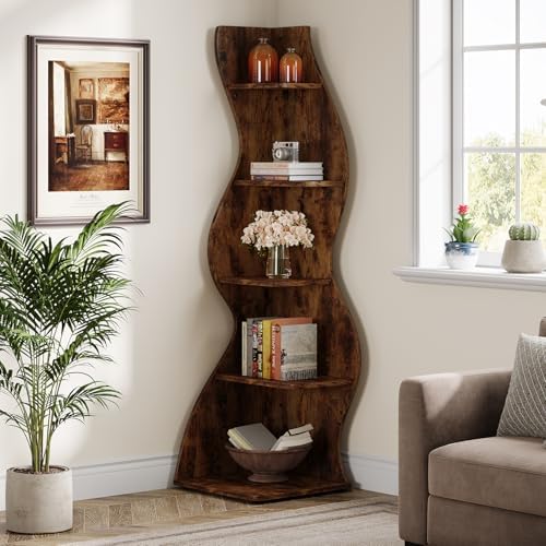 Tribesigns Wavy Corner Shelf 5-Tier Bookcase with Curvy Design for Modern Living Room