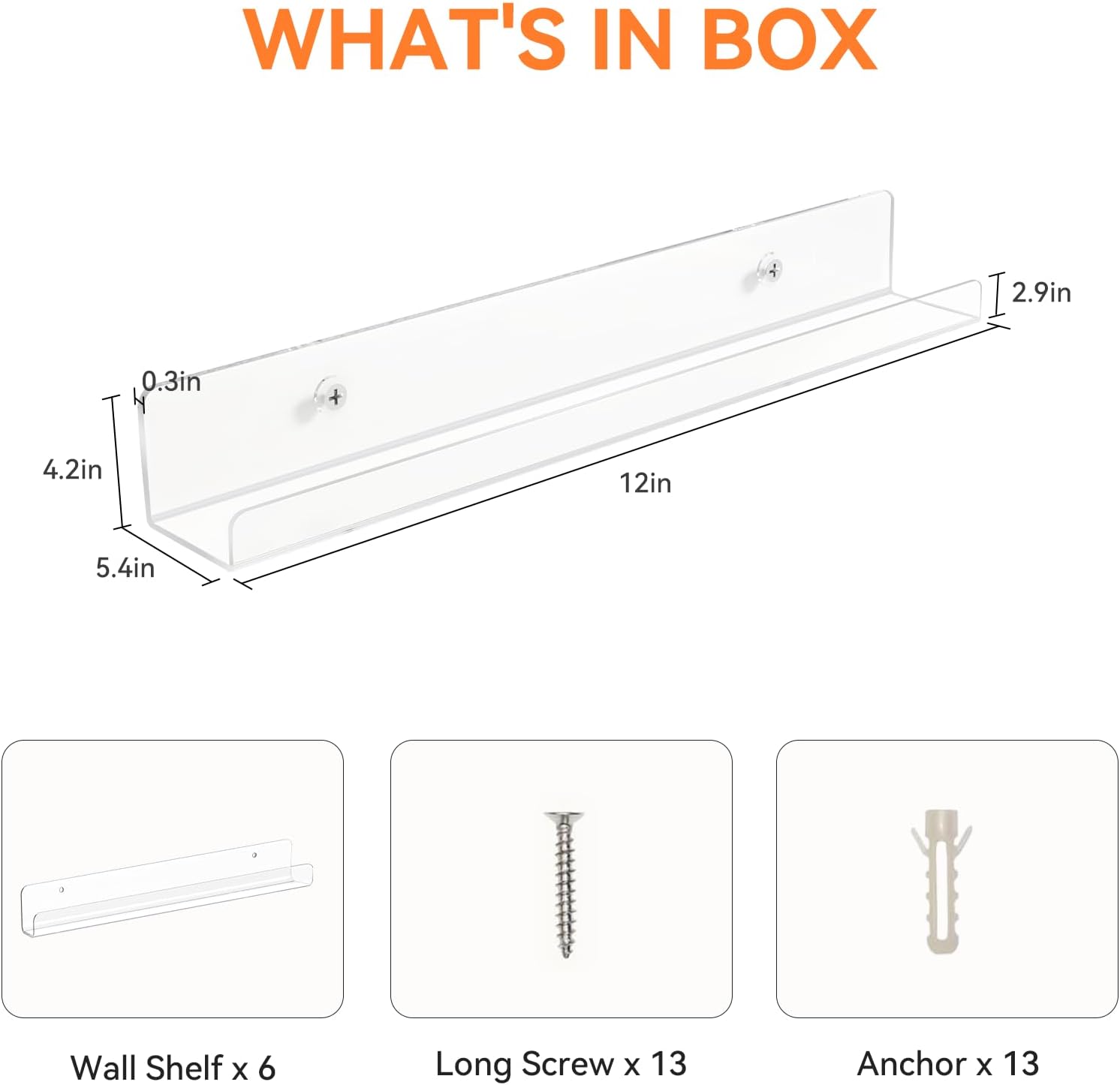 6 Pack Clear Acrylic Floating Shelves for Home Organization and Decor