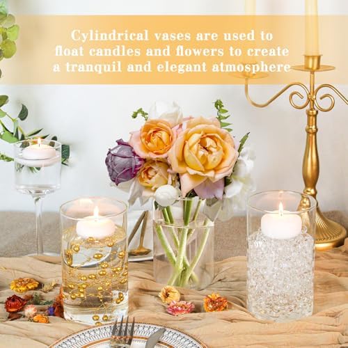 12 Pack White Floating Candles with Glass Cylinder Vases for Centerpieces