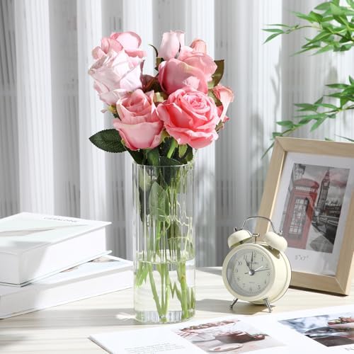 12 Pcs Clear Ribbed Glass Cylinder Vases for Centerpieces Wedding Home Decor