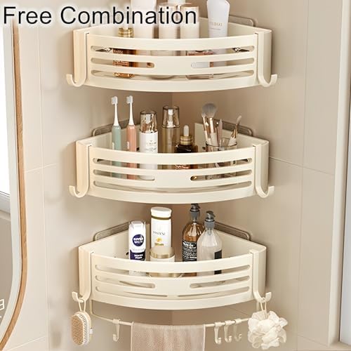 Corner Triangle Shower Shelves with Hooks Rust Resistant Storage Shelf for Bathroom and Kitchen Creamy White