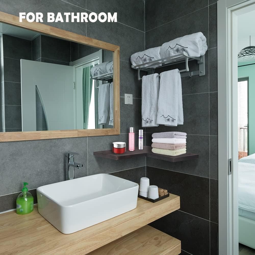 Natural Wood Set of 4 Floating Corner Shelves L-Shaped Wall Mount