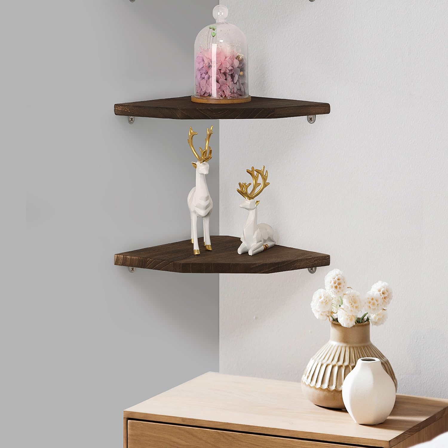 Joiishom Wood Corner Wall Shelves Set of 2 Brown 10 Inch
