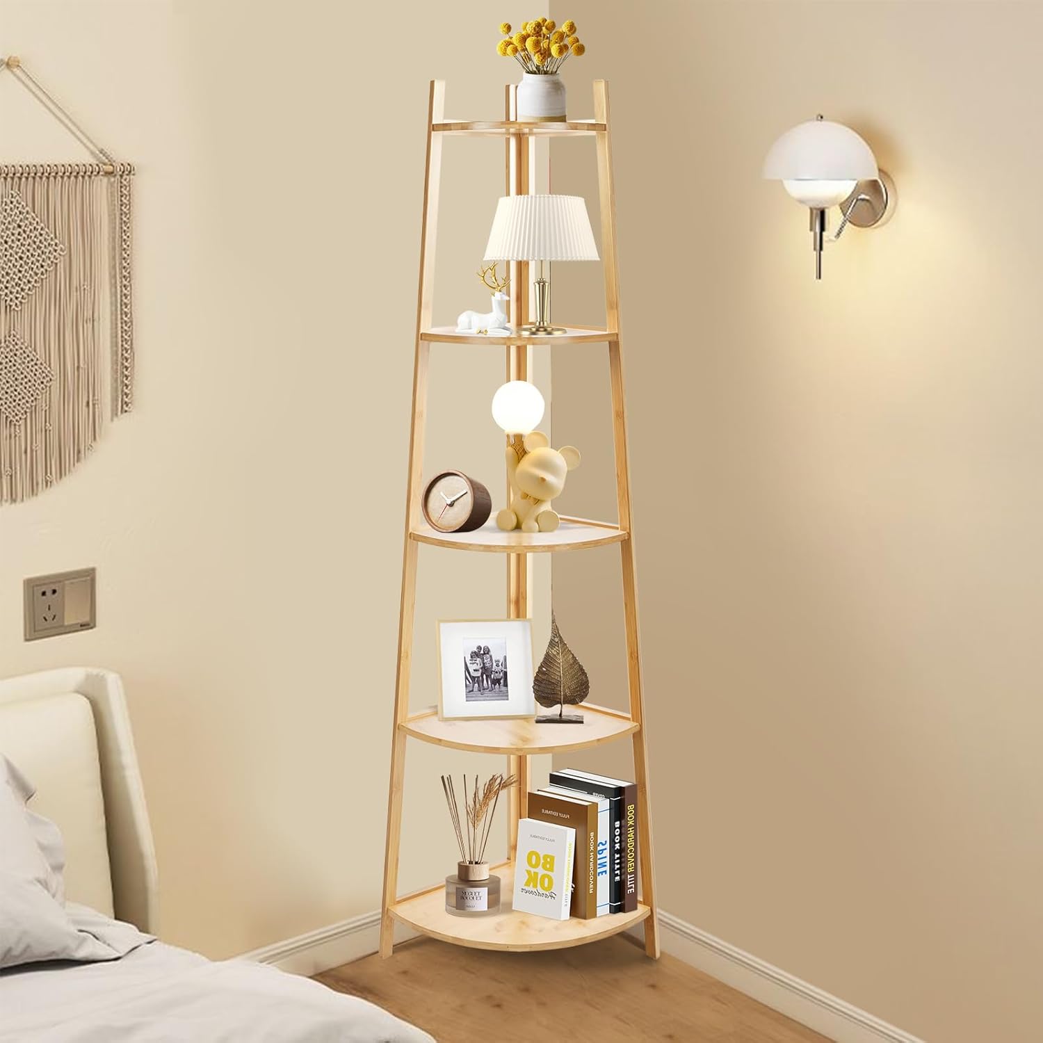 OUTREE Bamboo Corner Shelf 5 Tier Bookshelf Stand for Living Room Bedroom Office Bathroom