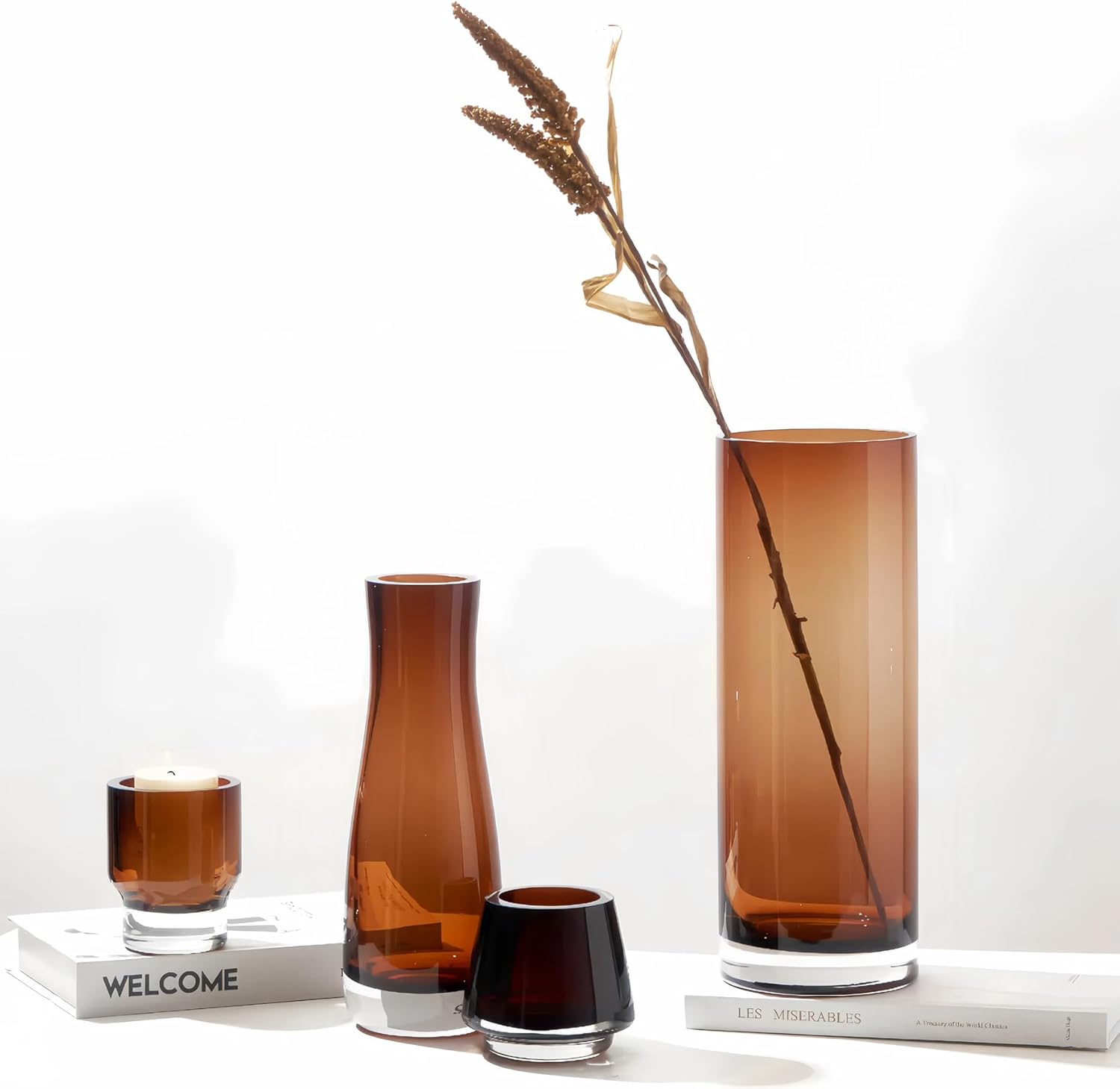 8 Inch Amber Hurricane Candleholder 35lb Thick Glass Vase