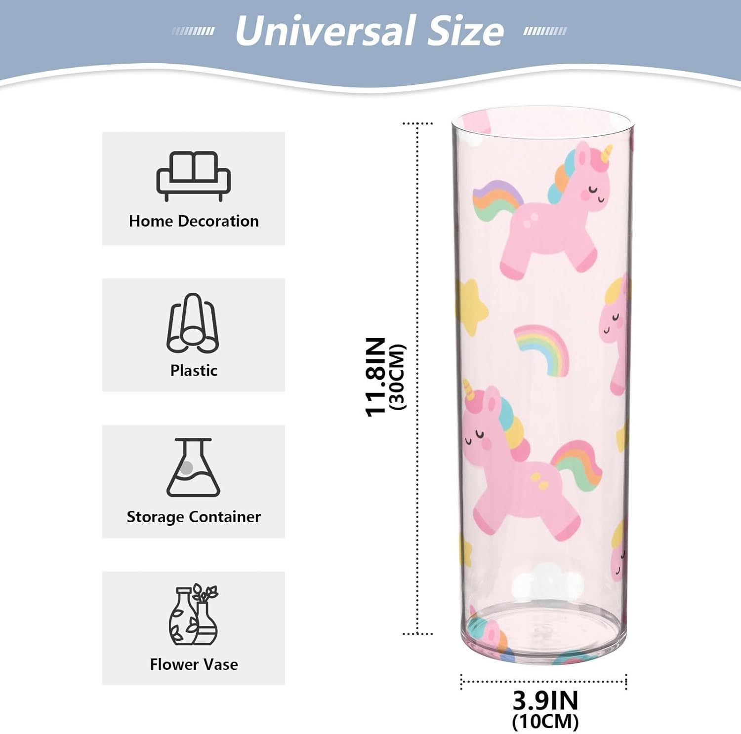 Cute Cartoon Pink Rainbow Unicorn Clear Plastic Cylinder Vase