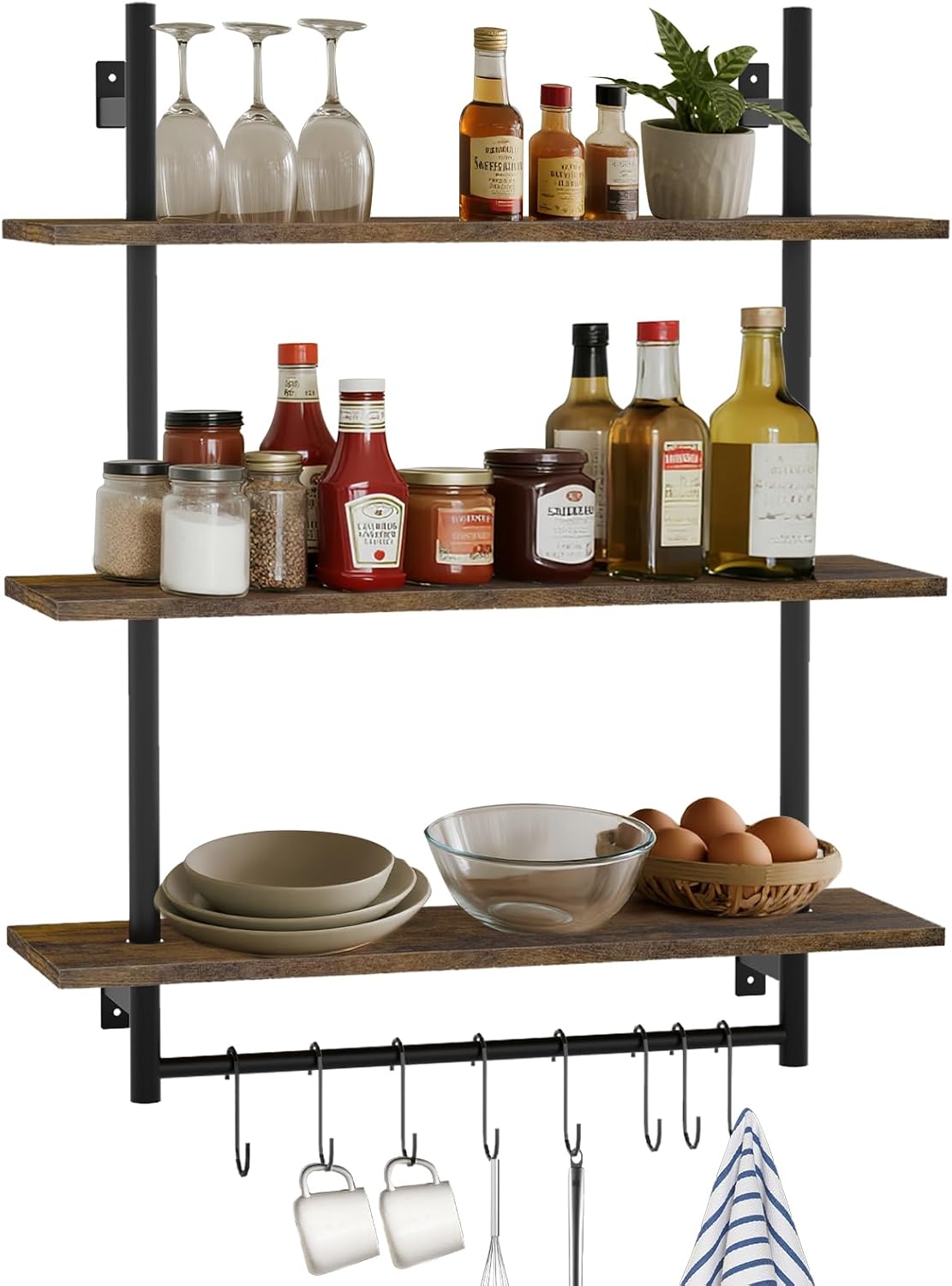 3 Tier Floating Wall Shelves with Towel Bar for Kitchen and Bathroom