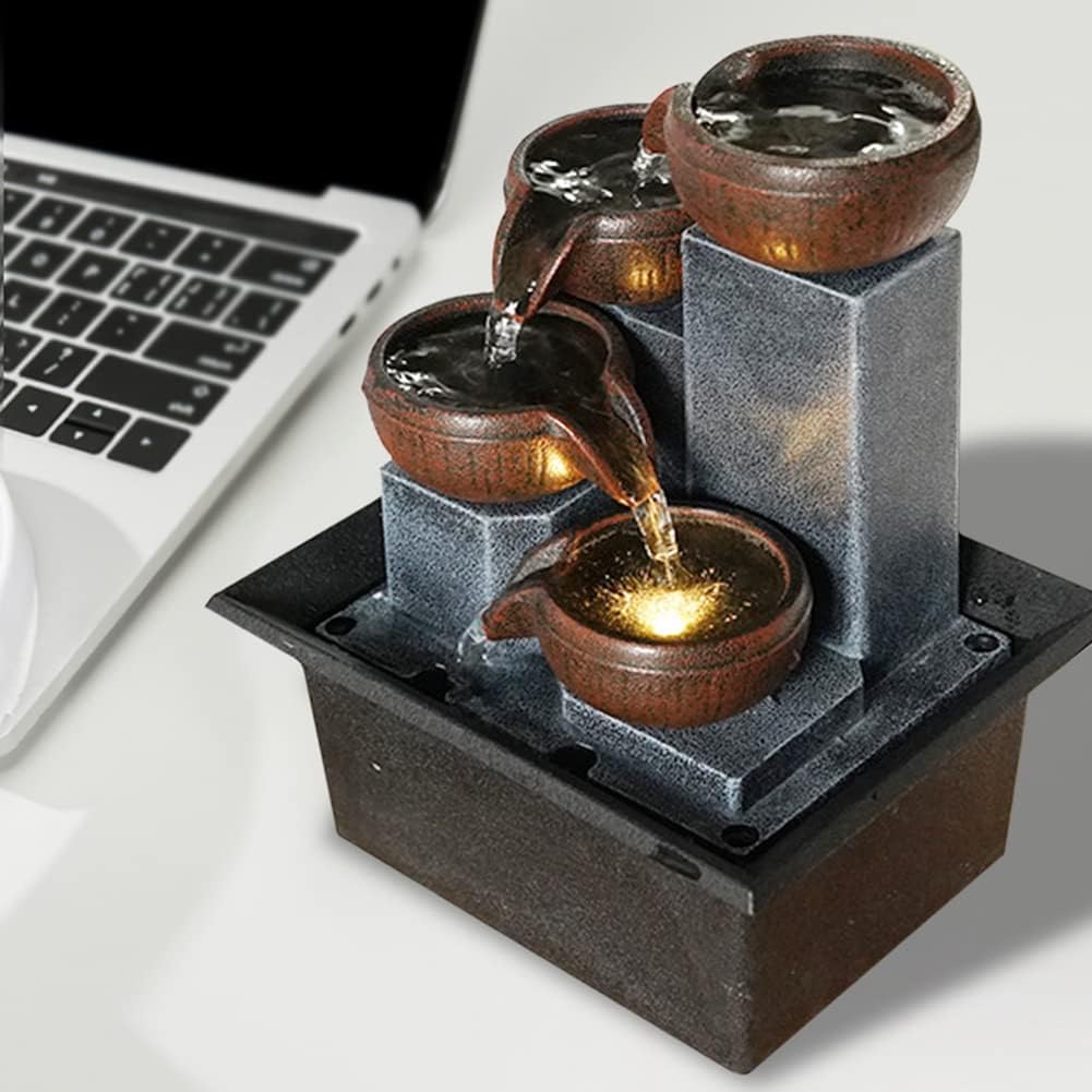 4-Tier Indoor Desktop Fountain with LED Lights and 3-Speed Pump