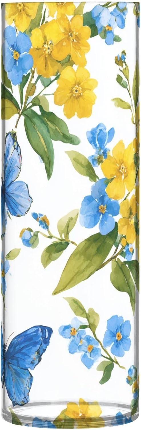 Yellow Blue Flower Pattern Clear Cylinder Vase 118 Inch Tall