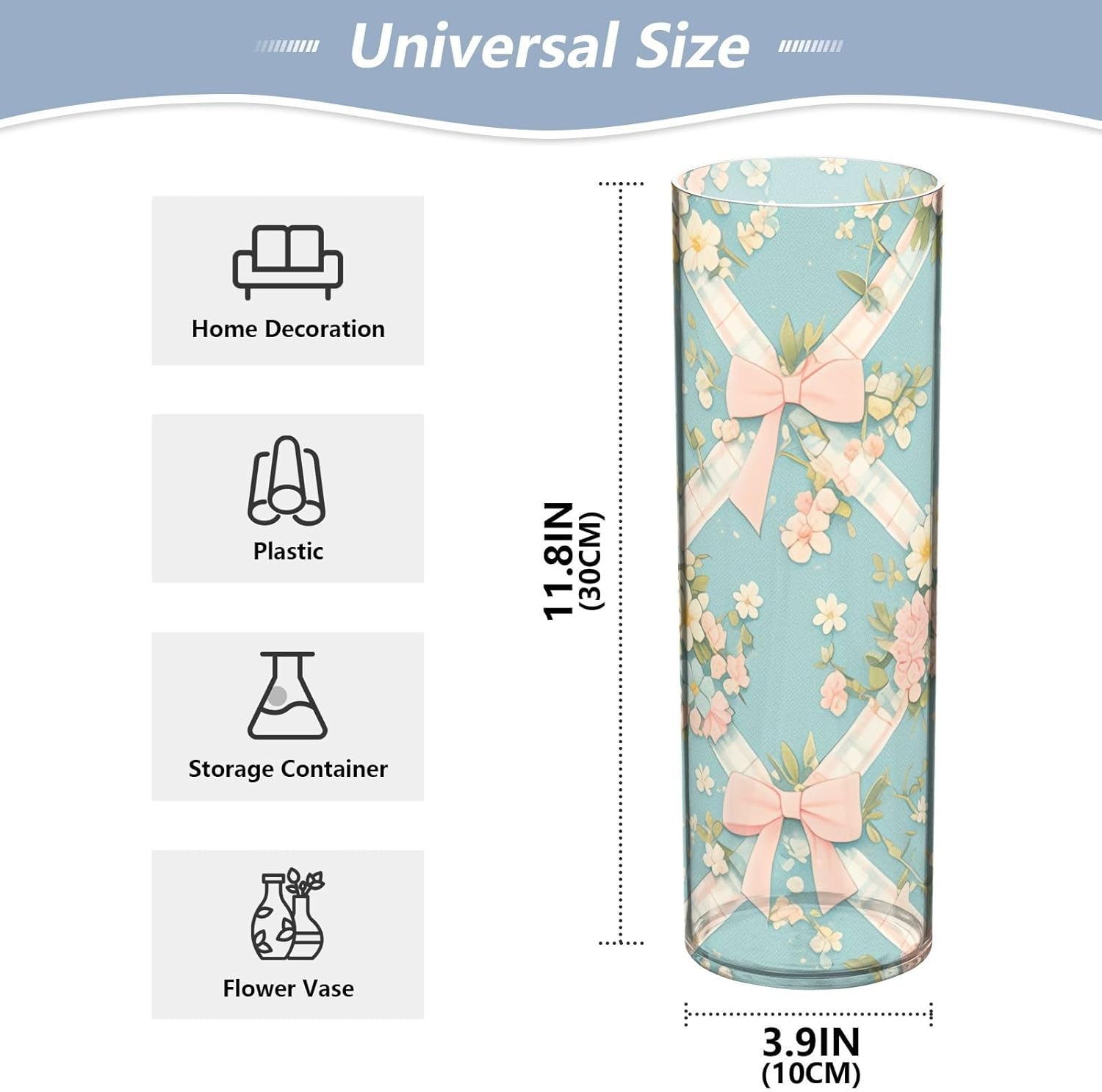 Vintage Pastel Pink Bows Wildflowers Blue Plastic Vase for Centerpieces