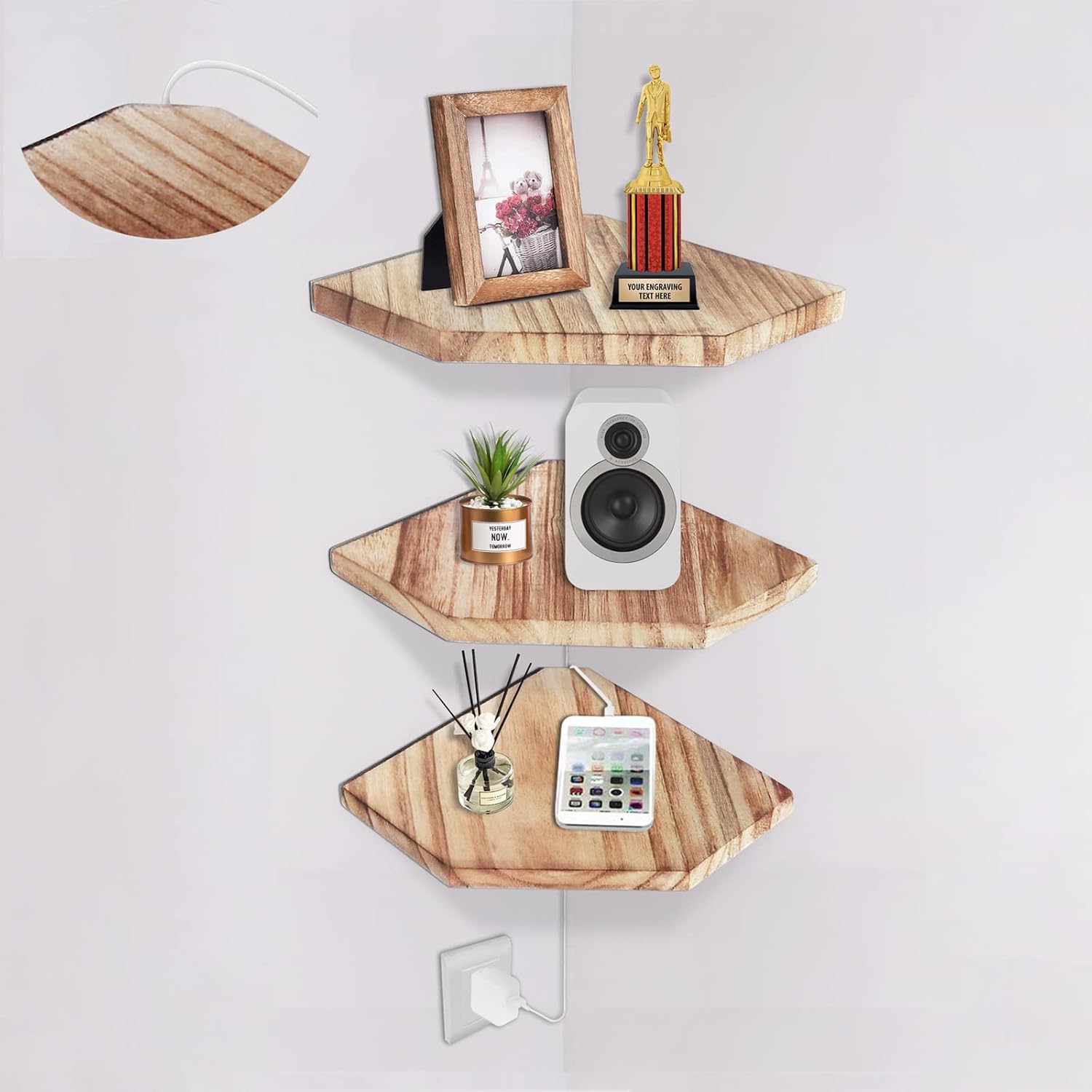 HAO Floating Corner Wall Shelves Rustic Diamond Shape Set of 3 Carbonized Black