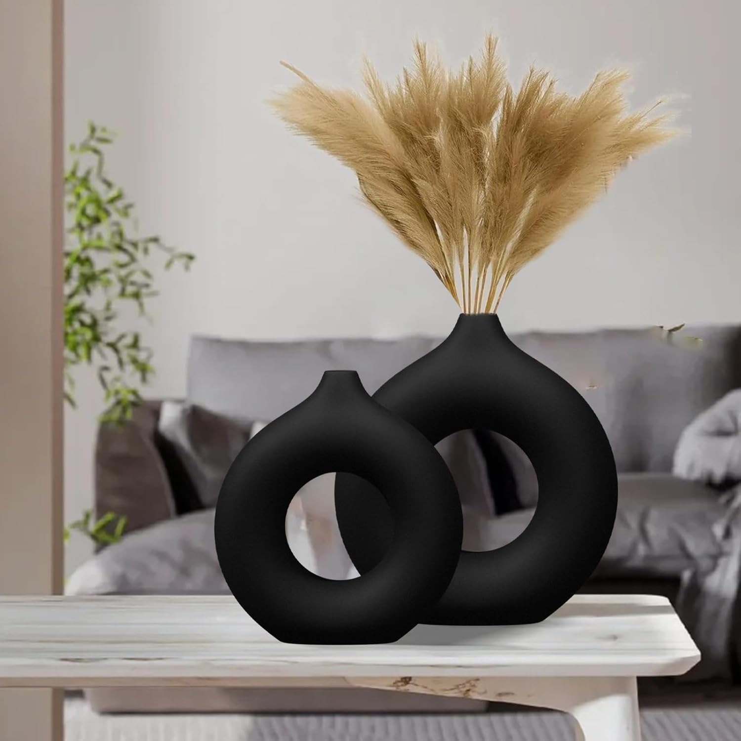 CozyKoala Matte Black Ceramic Donut Vase Set of 2