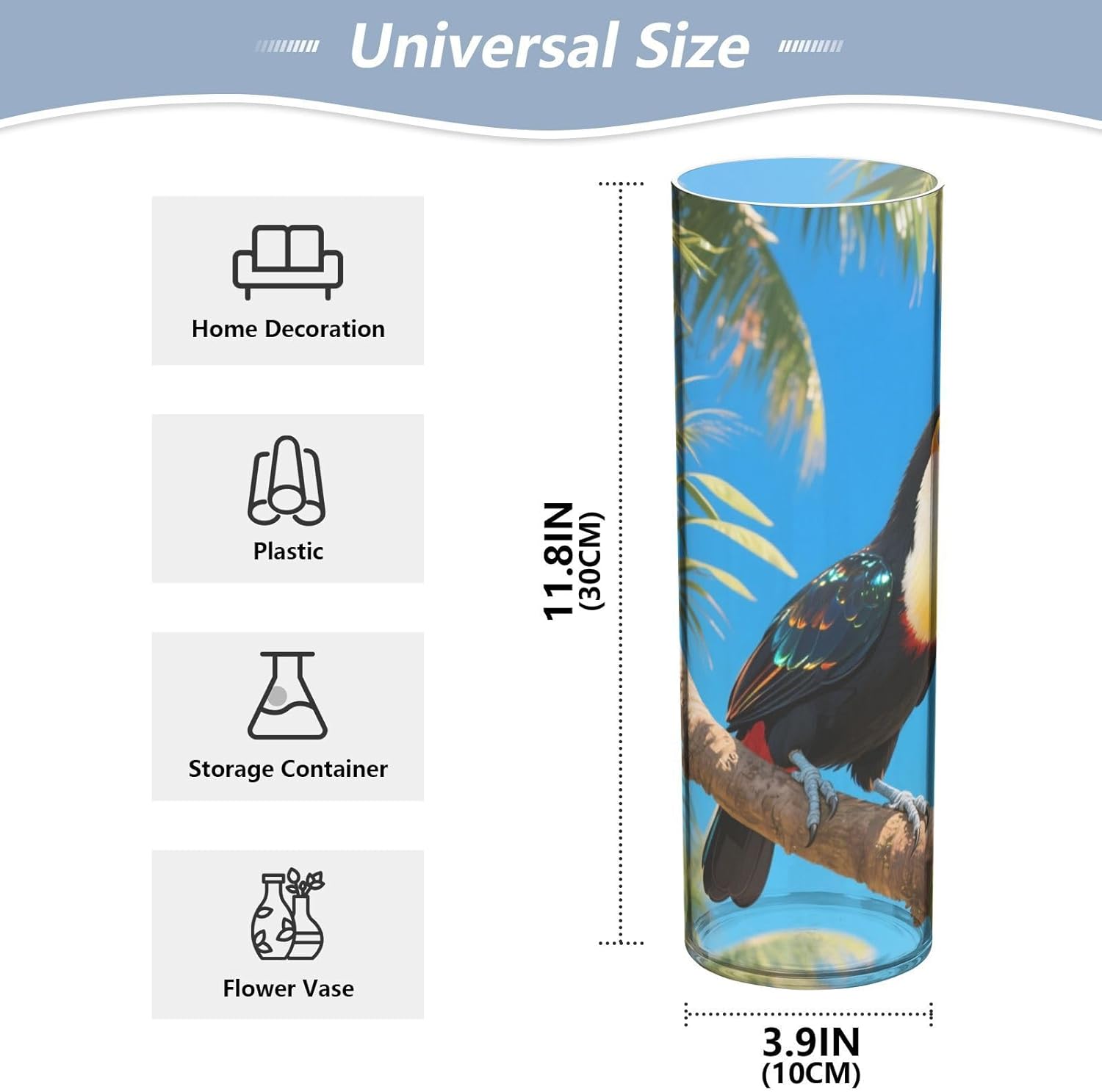 Toucan Bird Pattern Clear Cylinder Vase 118 Inch Tall