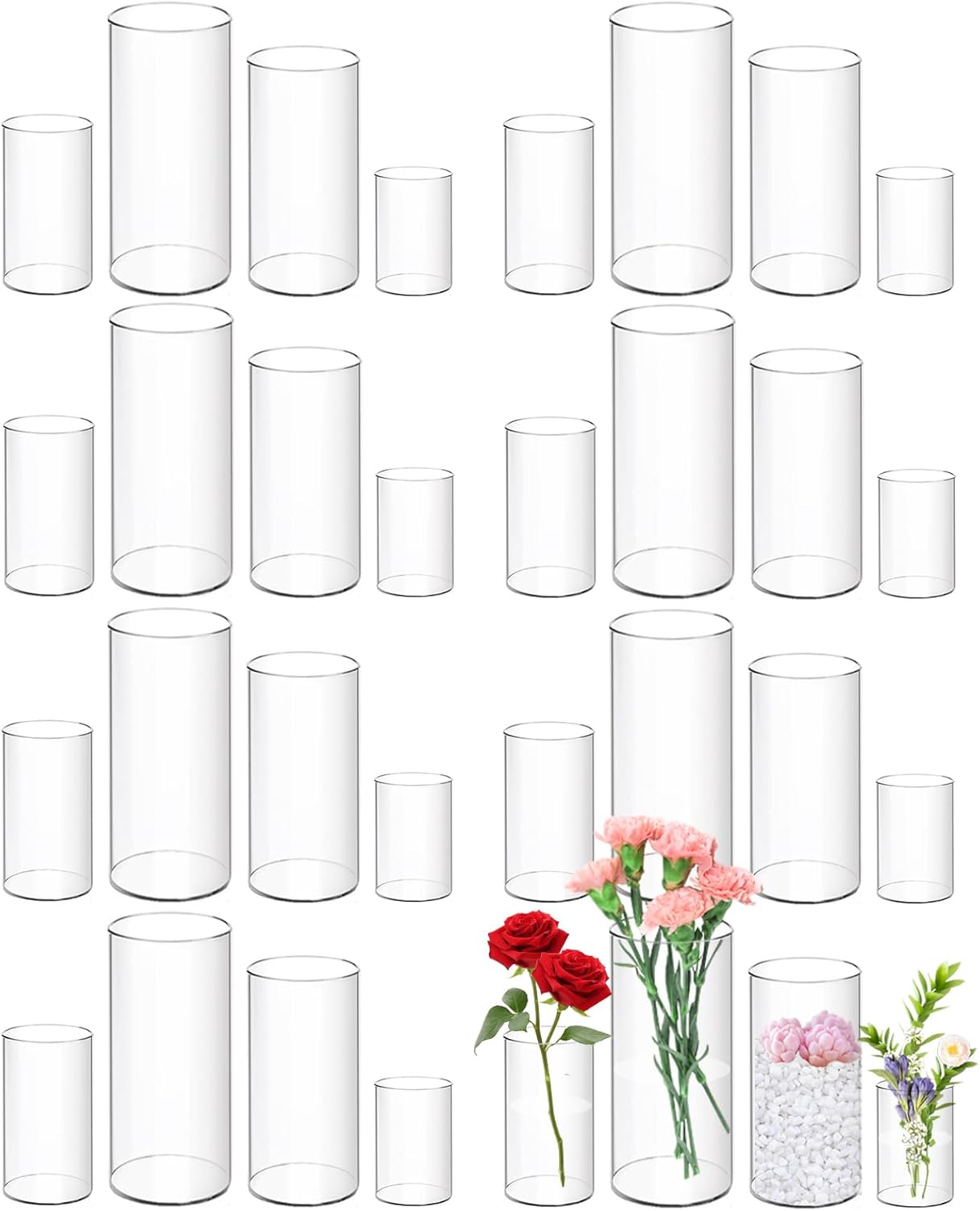 32 Pack Clear Plastic Cylinder Vases Set 4-10 Inches Tall