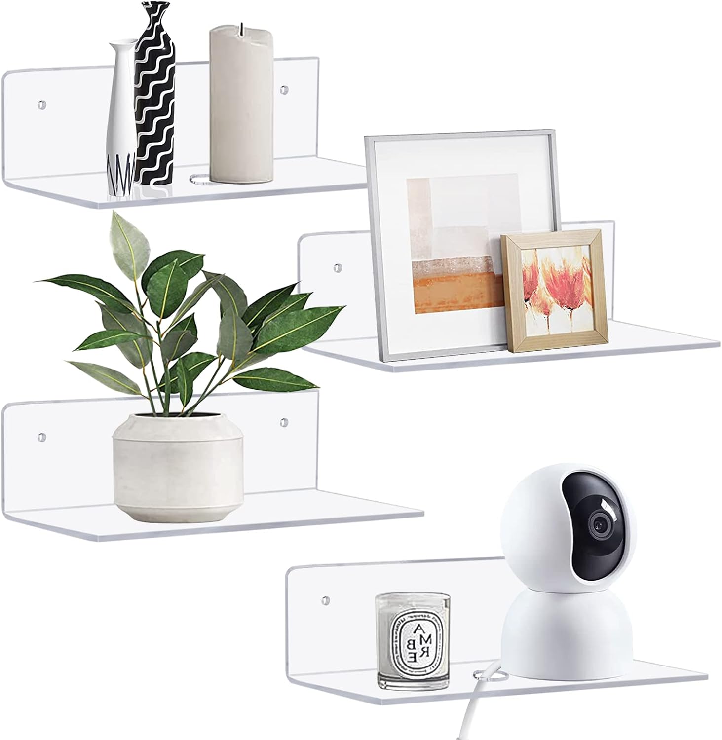 Clear Acrylic Floating Shelves 9 Inch Set of 4 No Drill Wall Mount