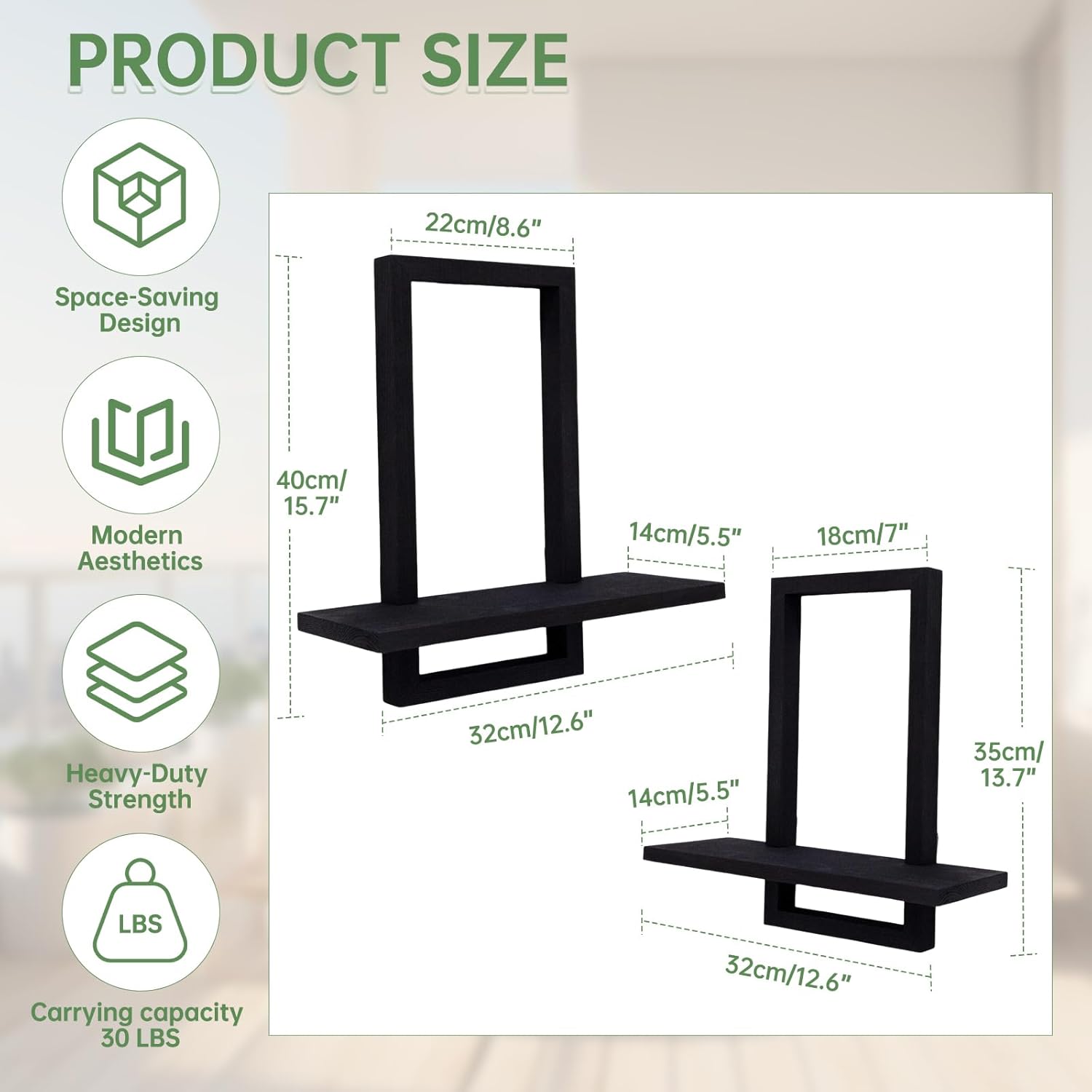 Square Floating Shelves Set of 2 - Modern Style Black