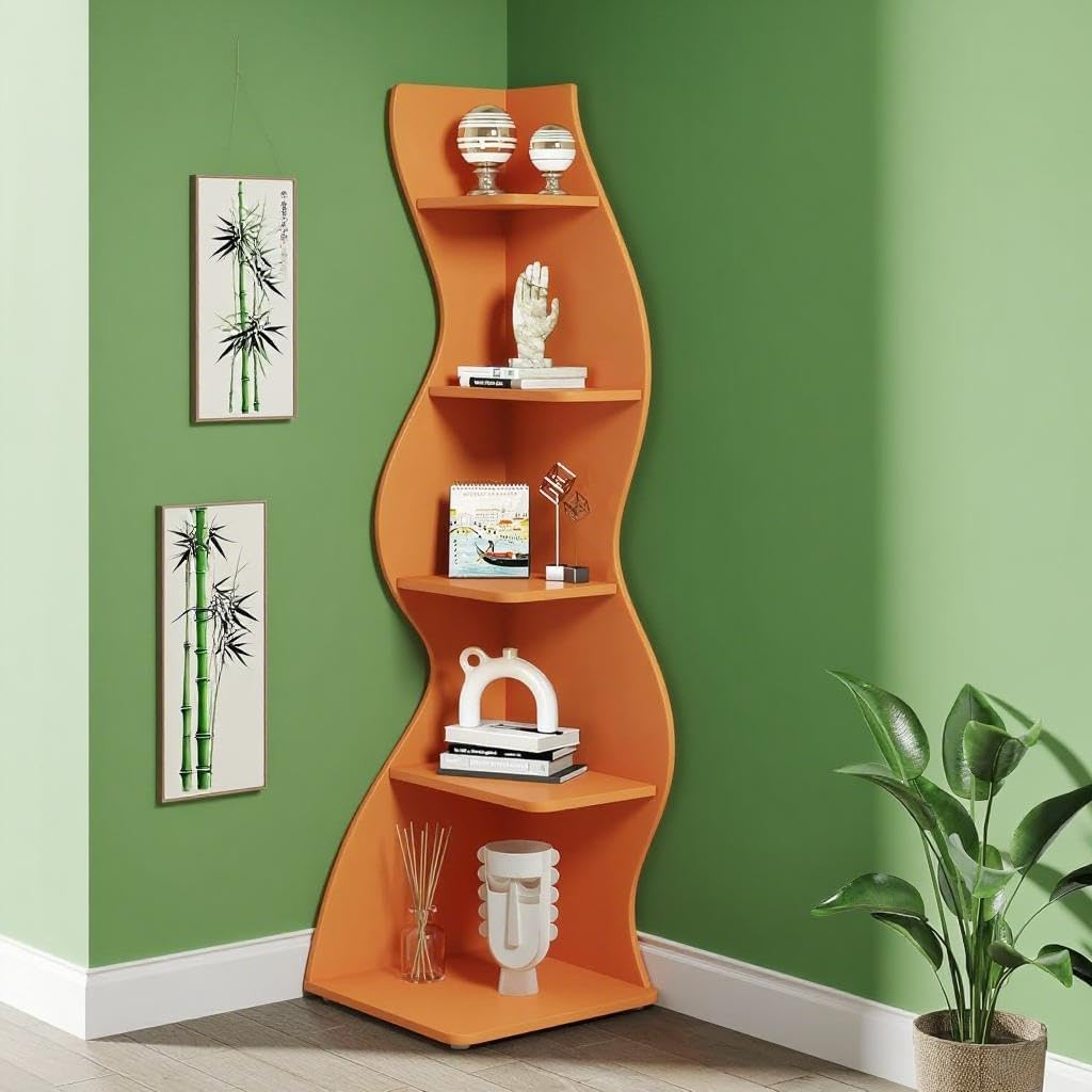 5-Tier Corner Bookshelf Modern Wave Shape Display Unit Orange